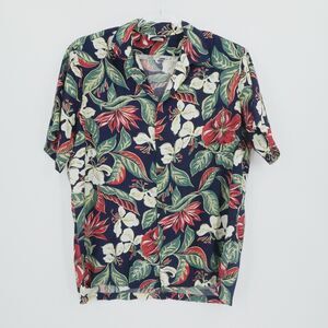 HIlo Hattie Shirt Large Blue Red Floral Hawaiian Camp Tropical Beach Vacation